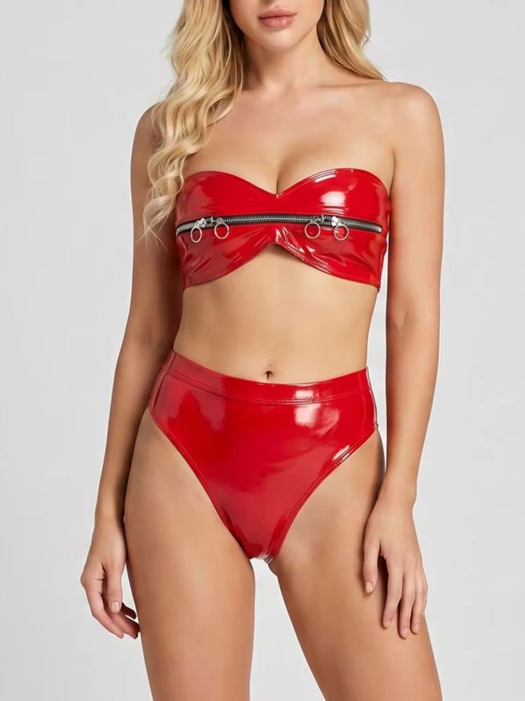 Wet Look PVC Outfit Zipper Bus - Thong Bikini Women 评论和价格